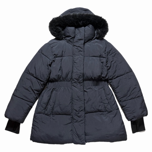 GAP Primaloft Puffer Midi Coat Black Fur Trim Hooded Winter Jacket M - Picture 13 of 13